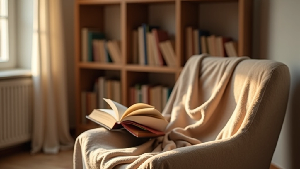 Moderne minimalistische kamer met leesstoel, boekenkast en warm licht