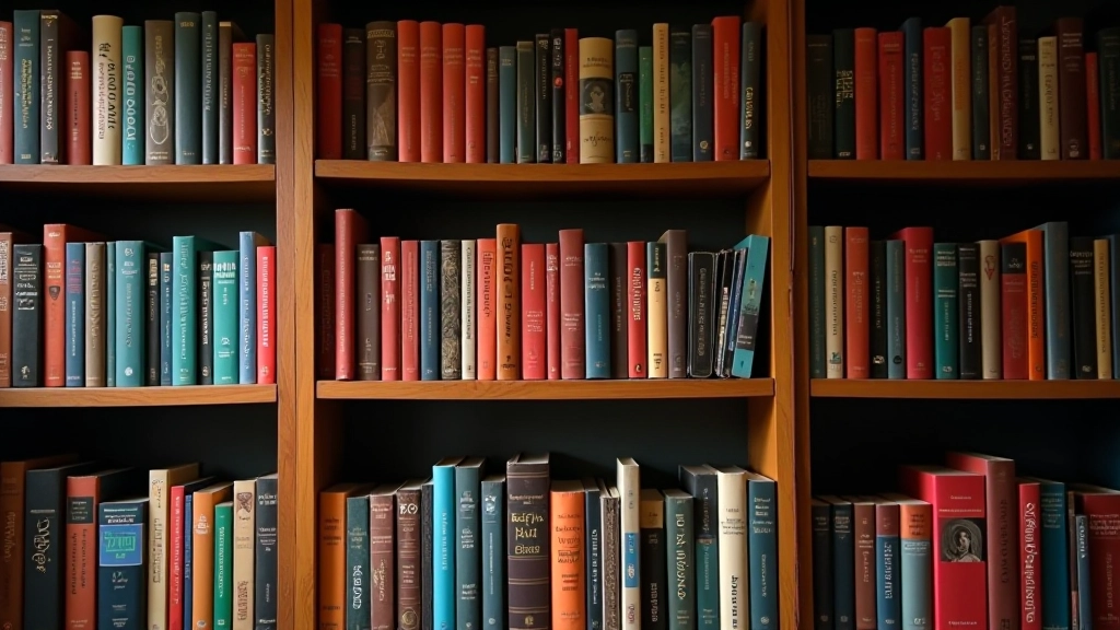 Boekenkast vol met diverse kleurrijke boeken, verschillende genres en stijlen