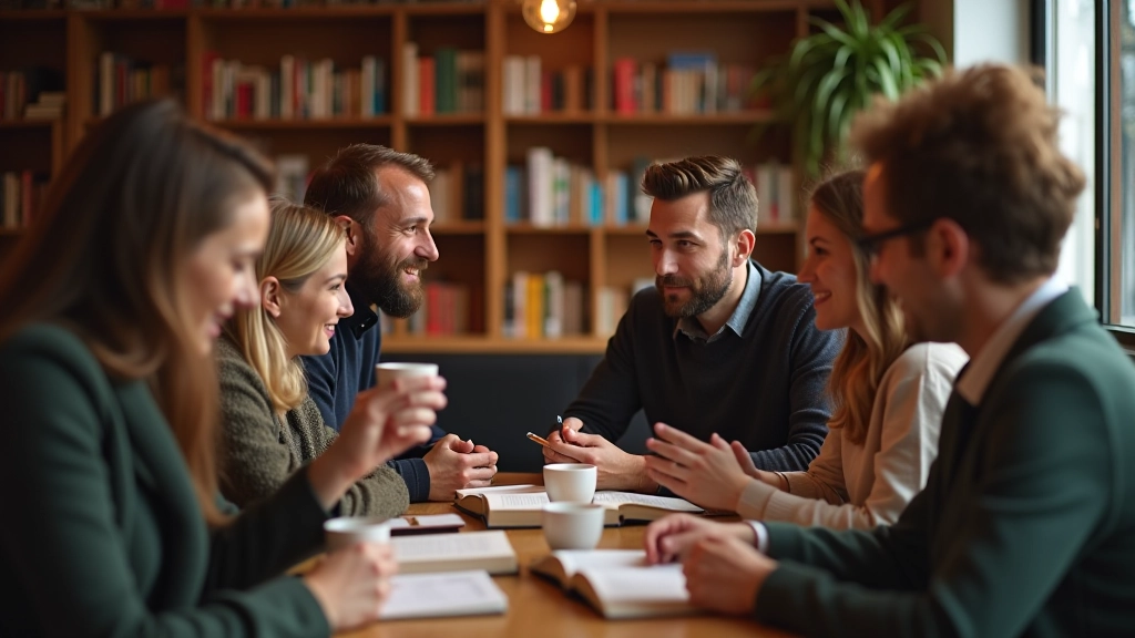 Groep mensen in gemütlich interieur in gesprek over boeken bij koffie