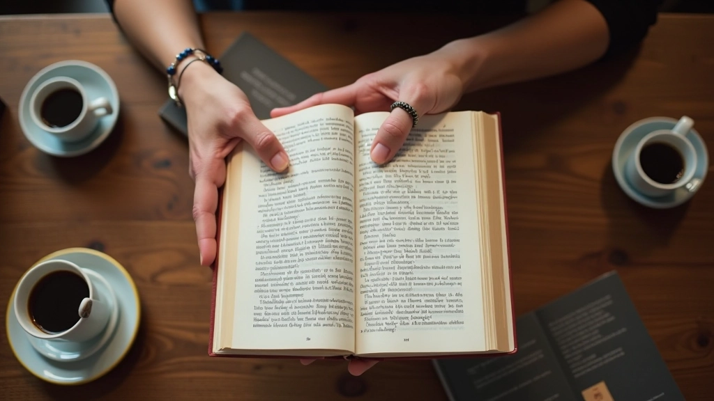 Handen die boeken uitwisselen op een houten tafel in gezelschap