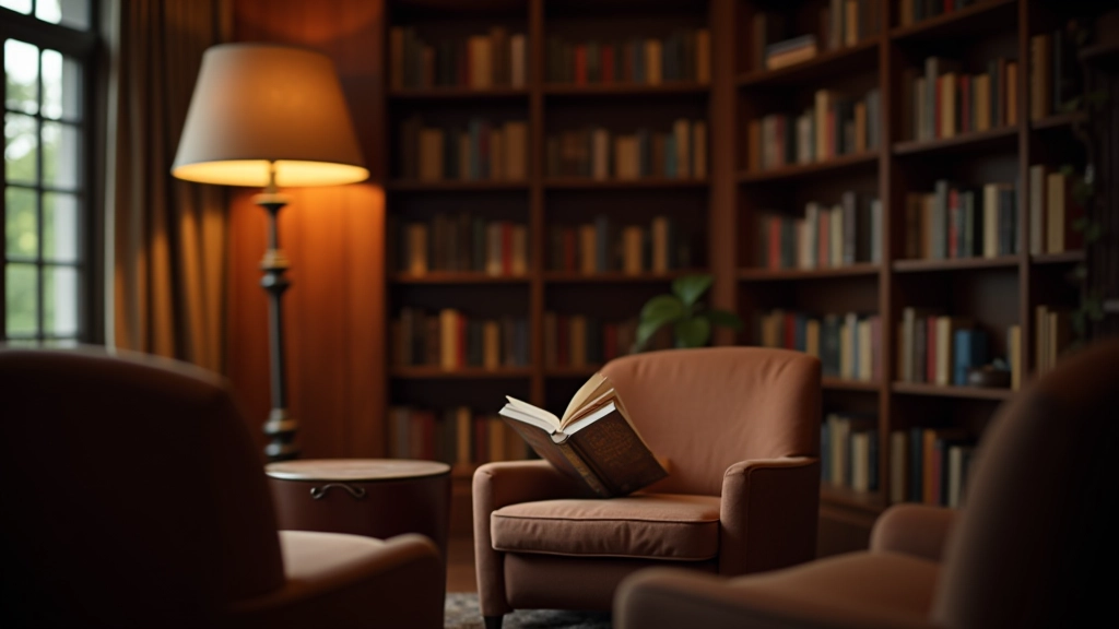 Bibliotheekinterieur met boekenkasten en gezellig leeshoekje met stoelen en lamp