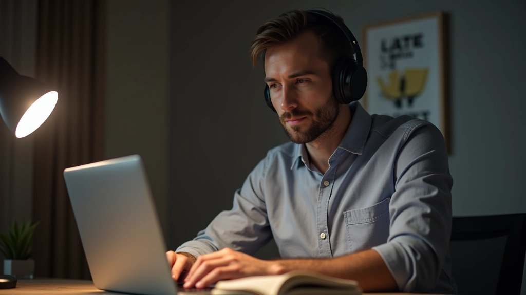 Man aan werkplek met laptop en koptelefoon, thuis kantoor omgeving, focus op werk en luisteren