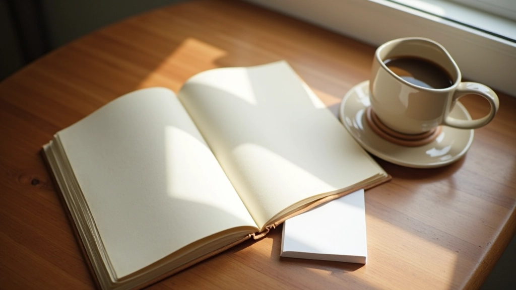 Open boek op houten tafel met koffiekopje en aantekeningenboekje