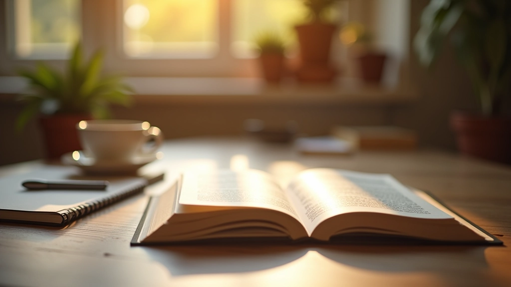 Open boek met koffie en notitieboekje op houten bureau in warm licht