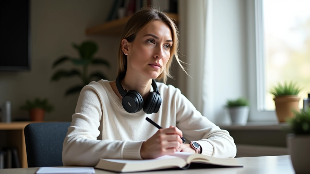 Persoon maakt aantekeningen in notitieboek terwijl koptelefoon om nek hangt, lichte werkomgeving, concentratie zichtbaar