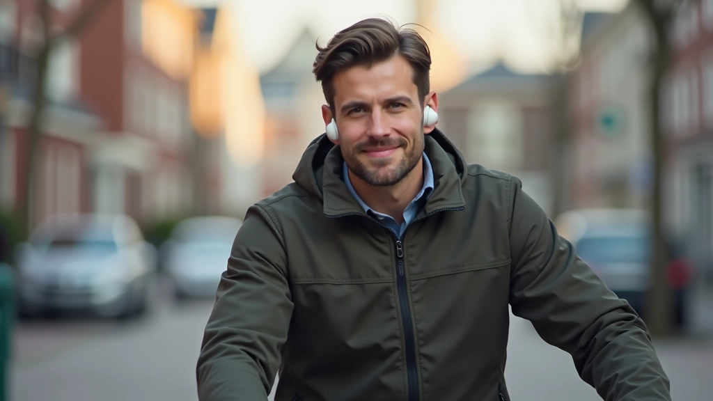 Persoon luistert via draadloze koptelefoon terwijl op een fiets rijdt, heldere ochtendlicht, stedelijk straatland