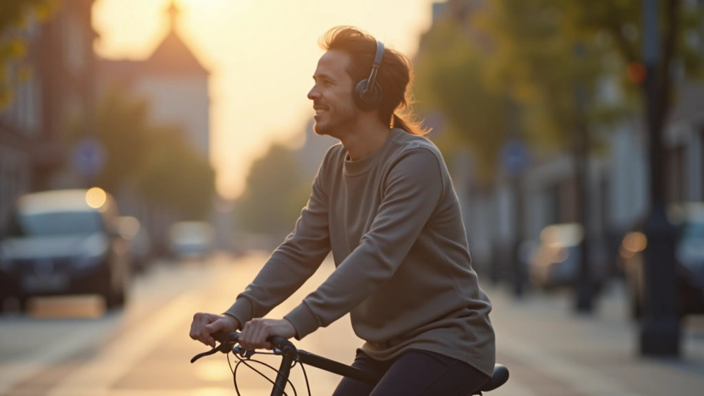 Persoon op fiets met draadloze koptelefoon, luisterend naar audioboek in stedelijke omgeving