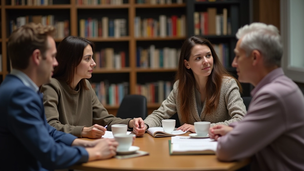 Groep volwassenen in diepe gesprek over boeken