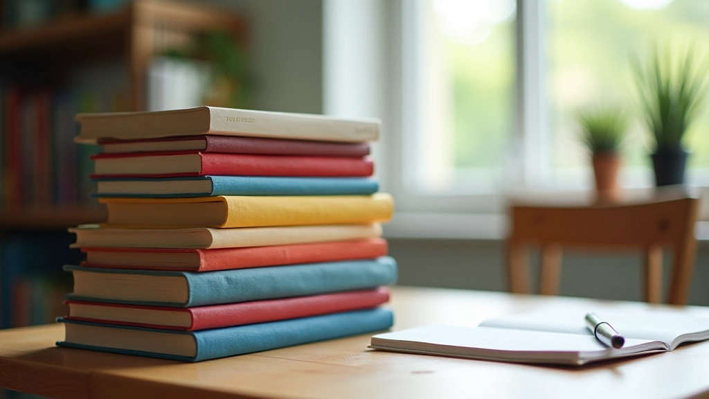 Stapel verschillende boeken met variërende covers op houten tafel met notitieblok
