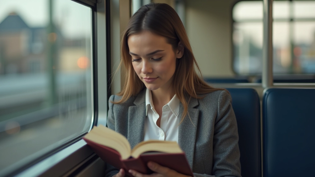 Vrouw in trein leesend, daglicht door raam, ontspannen atmosfeer