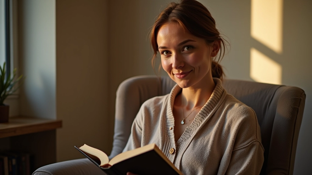 Lezer zit in comfortabele fauteuil met boek en kopje thee in warm licht