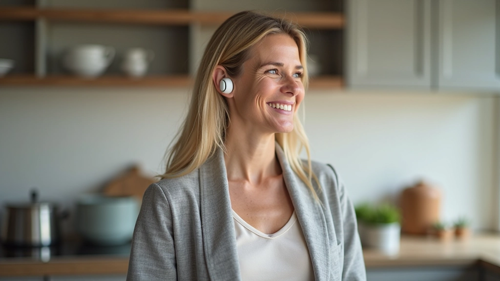 Vrouw luistert naar podcast met koptelefoon terwijl ze in een moderne keuken staat, heldere daglicht, ontspannen houding